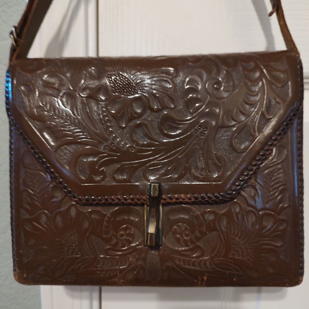 Vintage Hand Tooled Western Floral Brown Leather Boho Hippie Purse Handbag